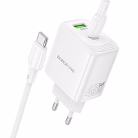 Borofone sieninis įkroviklis BN30 Cargador GaN - USB + Type C - QC 3.0 PD 45W su Type C į Type C kabeliu baltas