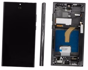 LCD ekranas Samsung S908 S22 Ultra su jutikliniu ekranu ir rėmeliu Phantom juodas OLED (tikras dydis)