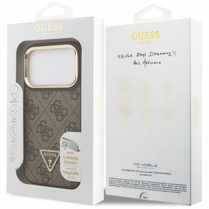 Guess 4G PU trikampio logotipo ir stovo kameros magnetinis dėklas telefonui iPhone 17 Pro - rudas