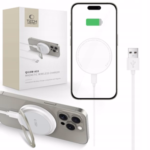 Tech-Protect QI15W-A33 indukcinis įkroviklis su MagSafe ir stovu su USB-A / USB-C kabeliu - baltas