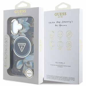 Guess Glitter Flowers Triangle Buttons Magnetinis dėklas telefonui iPhone 16 - juodas