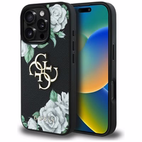 Guess Grained Roses Big 4G logo dėklas telefonui iPhone 16 Pro - juodas