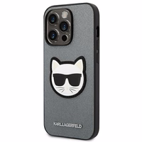 Karl Lagerfeld Saffiano Choupette Head Patch dėklas telefonui iPhone 14 Pro Max - sidabrinis