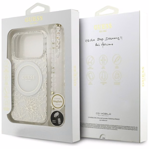 Guess IML Flowers Electro Pearl Dirželis Magnētinis dėklas telefonui iPhone 17 Pro - baltas