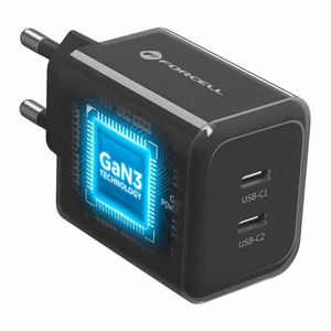 Forcell F-Energy GaN III Crystal Color VT-60 telefono įkroviklis, 2 × USB-C, AVS, SSFC3.0, 60 W, su USB-C–USB-C silikoniniu laidu, juodas