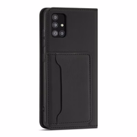 Magnetinis kortelių dėklas telefonui Samsung Galaxy A12 5G su kortelių laikikliu, juodas