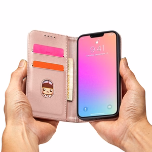 Magnetinis kortelių dėklas Samsung Galaxy S23+ su atverčiamu dangteliu, pinigine ir stovu, rožinis