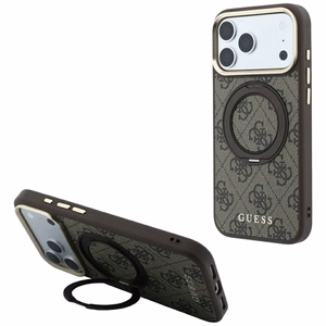 Guess 4G Classic Logo dėklas, skirtas iPhone 18 Pro Max / 17 Pro Max, su 360° žiedu-stovu, suderinamas su MagSafe – rudas