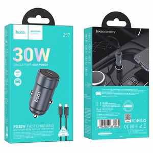 Automobilinis įkroviklis Hoco USB C QC3.0 PD 30W + kabelis USB C į Lightning Z57 metalinis pilkas
