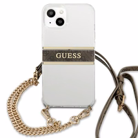 Guess GUHCP13SKC4GBGO iPhone 13 mini 5.4" skaidrus kietasis dėklas 4G rudos spalvos dirželiu ir auksine grandinėle