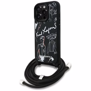 Karl Lagerfeld per petį nešiojamas grūdėto rašto ir logotipo dėklas telefonui iPhone 16 Pro Max - juodas