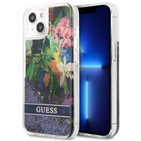 Guess GUHCP13SLFLSB iPhone 13 mini 5.4" mėlynas kietas dėklas gėlių skystas blizgučiai