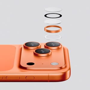 AmazingThing objektyvo stiklas iPhone 17 Pro / Pro Max – su oranžiniu rėmeliu