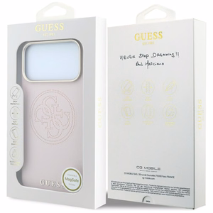 Guess Perforated 4G Gold Logo MagSafe dėklas, skirtas iPhone 17 Pro / 18 Pro – spalva: rožinė