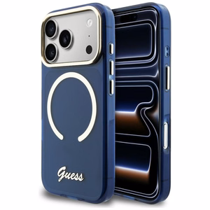 Guess IML Script Metal MagSafe Dėklas for iPhone 17 Pro Max - mėlynas