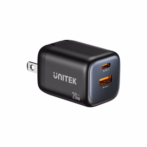 Unitek GaN tinklo įkroviklis USB-A ir USB-C 20W juodas