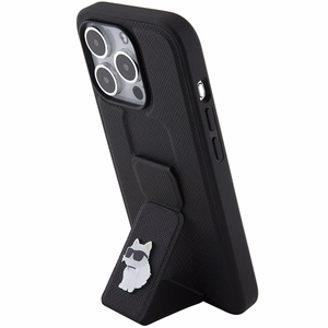 Karl Lagerfeld dėklas telefonui su stovu Gripstand Saffiano Choupette Pins iPhone 15 Pro - juodas