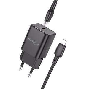Borofone Sieninis įkroviklis BN13 Safety GaN - Type C - PD 30W su Type C į Lightning kabeliu juodas