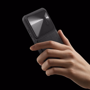 Nillkin CamShield Leather S dėklas telefonui Samsung Galaxy S23+ su kameros dangteliu juodas