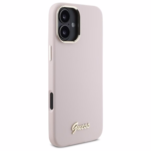 Guess Silikoninis Užrašas Metalinis Logo & Rėmelis iPhone 16 Plus Dėklas - rožinis