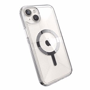 Speck GemShell Grip MagSafe dėklas, skirtas iPhone 15 Plus / 14 Plus, skaidrus su chromo spalvos akcentais