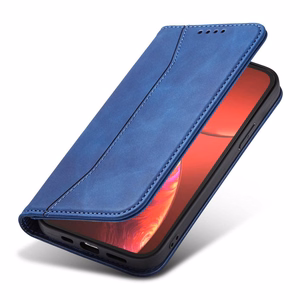 Magnetinis puošnus dėklas telefonui iPhone 14 su atverčiamu dangteliu, pinigine ir stovu, mėlyna