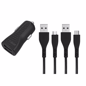 Energizer HardCase DC2BLCMM car charger, 2 × USB-A, 2.4 A, with USB-C and Micro-USB cable, black