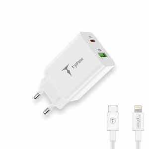 SIENINIS ĮKROVIKLIS T-PHOX SPEEDY USB-C 20W/USB 18W PD QC + LAIDAS LIGHTNING 1M BALTAS