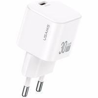 Tinklo įkroviklis USAMS JO Series CC262 30W USB-C + USB-C/Lightning laidas 1m baltas