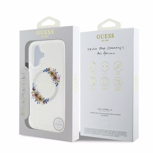 Guess IML Gėlių vainikas Magnetinis dėklas telefonui iPhone 16 Plus - skaidrus