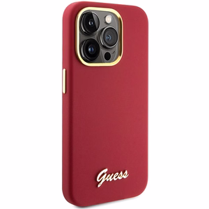 Guess Silicone Script Metal Logo & Frame dėklas telefonui iPhone 15 Pro - raudonas