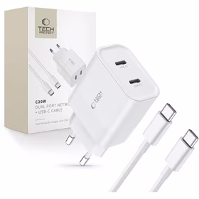 Tech-Protect C20W 2x USB-C PD 20W įkroviklis su USB-C / USB-C laidu - baltas