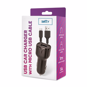 Setty automobilinis įkroviklis 1x USB 1A juodas + microUSB kabelis 1,0 m NAUJAS