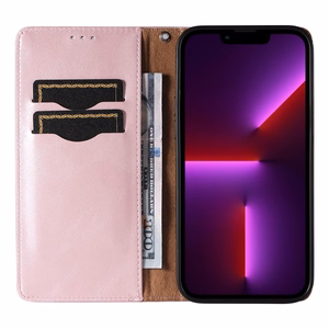 Magnetinis dirželio dėklas telefonui iPhone 14 Plus su atverčiamu dangteliu, pinigine, mini dirželiu ir stovu, rožinis