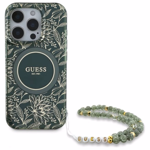 Guess IML Flowers Allover Electro With Pearl Strap MagSafe dėklas telefonui iPhone 16 Pro Max - žalias