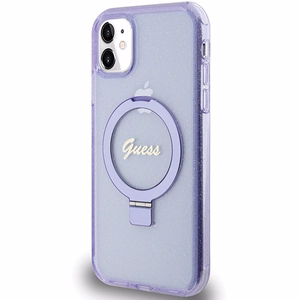Guess žiedo stovo Script blizgus magnetinis dėklas telefonui iPhone 11 / Xr - violetinis