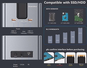 Dviejų diskų Docking Station M.2 SATA/ NVME, 2.5"/3.5" SSD/HDD, 2x USB-A, USB-C