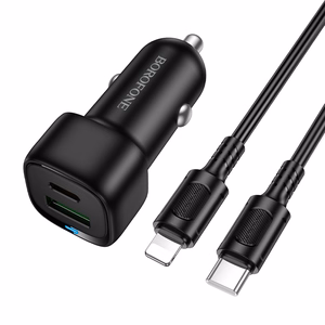 "Borofone" automobilinis įkroviklis BZ34B Cloud - USB + C tipo - QC 3.0 PD 38W su C tipo "Lightning" kabeliu, juodas