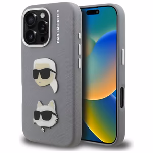 Karl Lagerfeld FW Grained Karl & Choupette Heads Pins Dėklas iPhone 16 Pro Max - pilkas