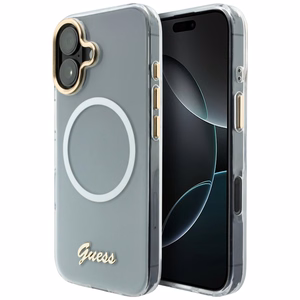 Guess IML Gradient Script Metal MagSafe Dėklas for iPhone 17 - baltas