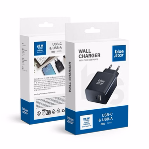 BLUE STAR kelioninis įkroviklis su USB-C + USB-A lizdais PD QC4.0 3A 25W TFB-TC-25WPD juodas