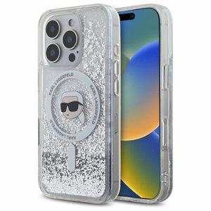 Karl Lagerfeld skystų blizgučių Karl Head magnetinis dėklas telefonui iPhone 16 Pro - skaidrus