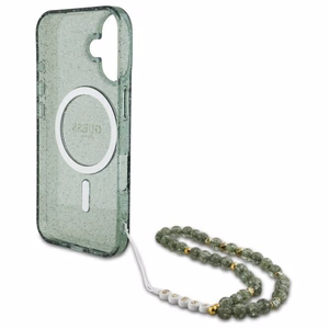 Guess IML blizgučių dėklas telefonui su perline juostele Magnetinis iPhone 16 – žalias