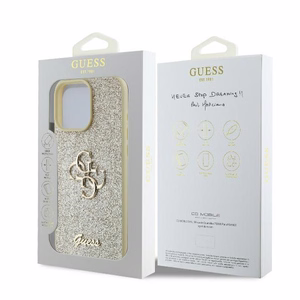 Guess Fiksuotas Blizgus Didelis 4G dėklas telefonui iPhone 16 Pro - auksinis
