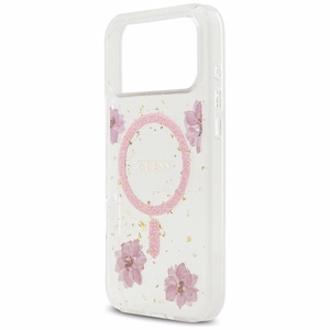 Guess Resin Flowers Glitter MagSafe dėklas iPhone 17 Pro Max rožinės spalvos