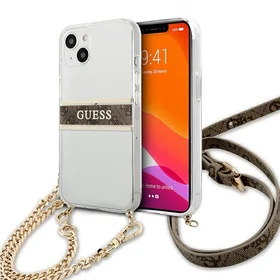 Guess GUHCP13SKC4GBGO iPhone 13 mini 5.4" skaidrus kietasis dėklas 4G rudos spalvos dirželiu ir auksine grandinėle