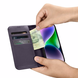 iCarer Piniginės dėklas 2in1 viršelis iPhone 14 Plus Anti-RFID odinis atverčiamas dėklas tamsiai violetinis (WMI14220727-DP)