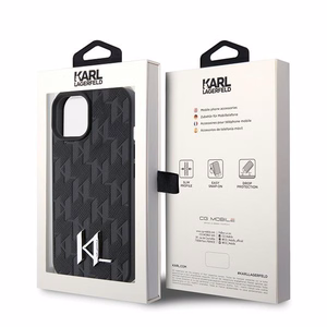 Karl Lagerfeld KLHCP15SPKLPKLK iPhone 15 / 14 / 13 6.1" juodas/juodas kietas dėklas Odinė monograma karštas štampas metalinė logotipas