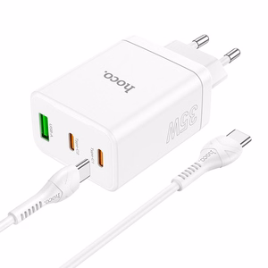 Įkroviklis Hoco 2 x USB C + USB A QC3.0 PD 3A 35W + Kabelis USB C į USB C N33 baltas