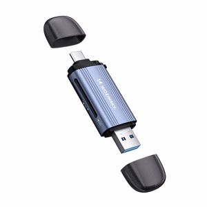 Pilkas aliumininis SD ir microSD atminties kortelių skaitytuvas Wozinsky WCR-5G su USB-A 3.0 / USB-C 3.0